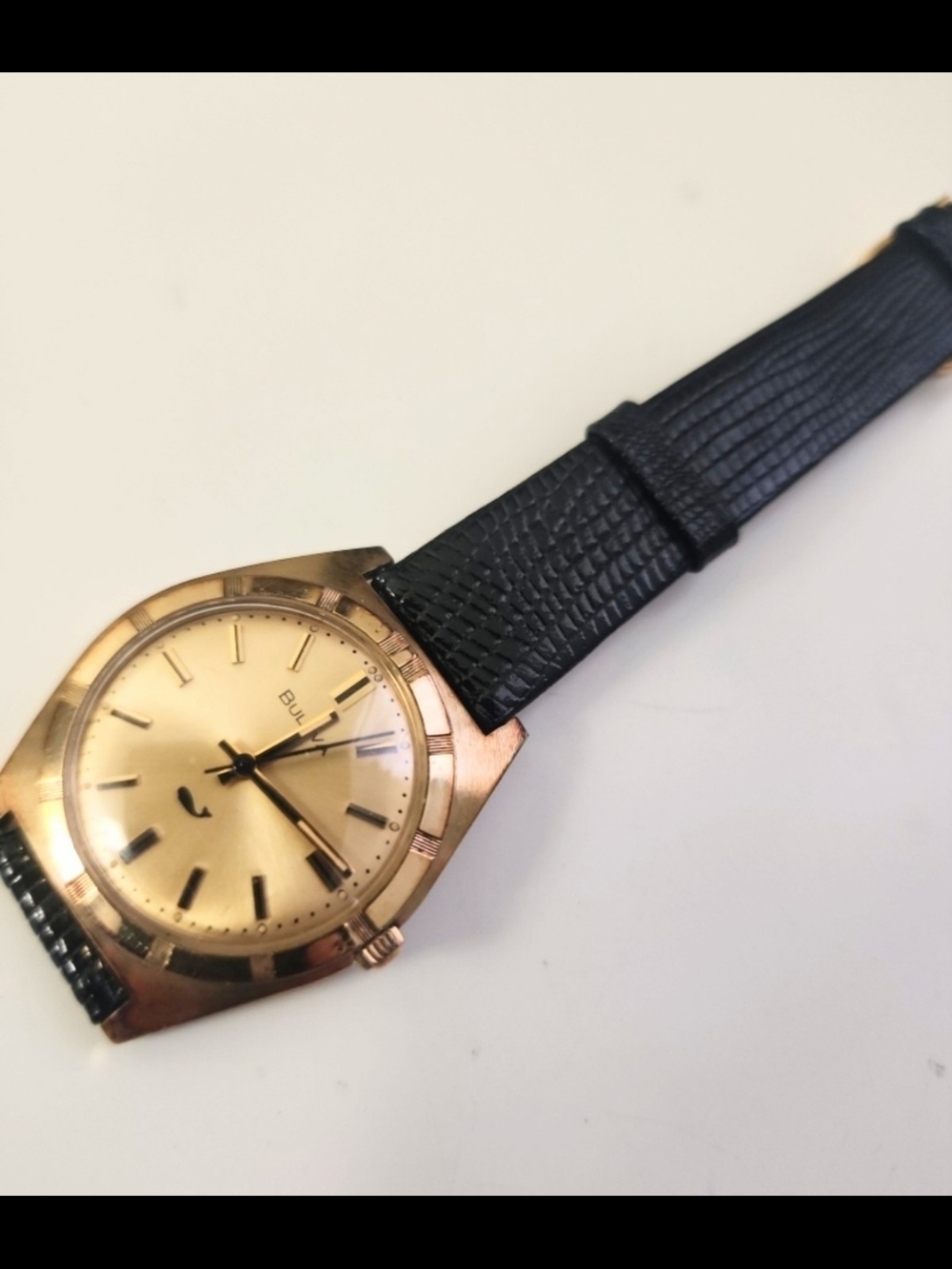 Vintage Bulova Gold-Tone Dial Watch with Black Textured Leather Strap